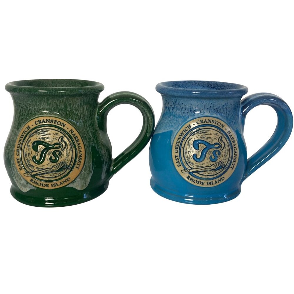 Ts Restaurant Rhode Island Round Belly Mugs Deneen Pottery Green Blue USA Made